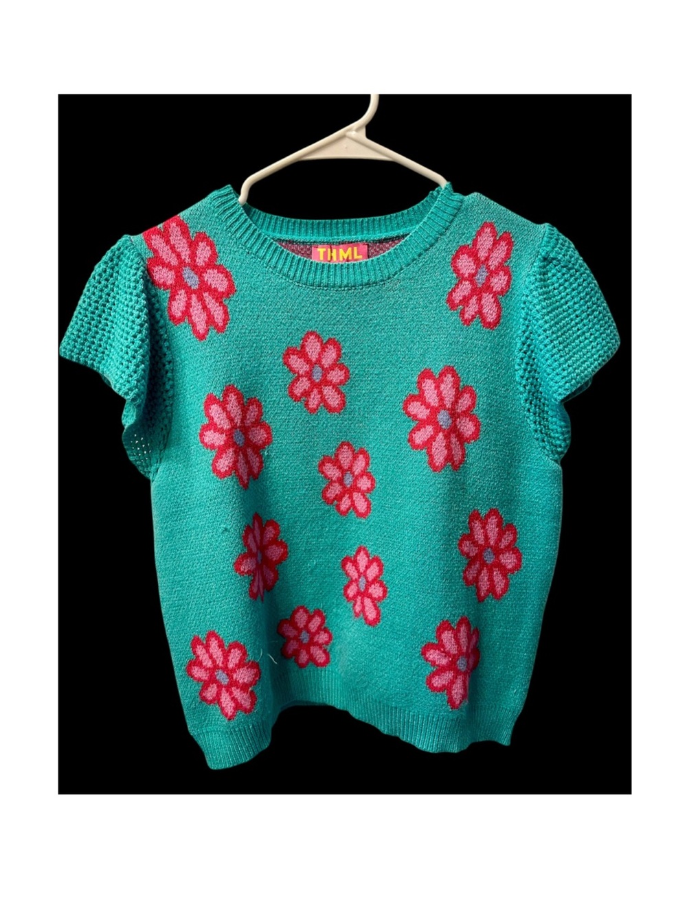 THML Turquoise Short Sleeve Sweater with Pink Retro Flowers